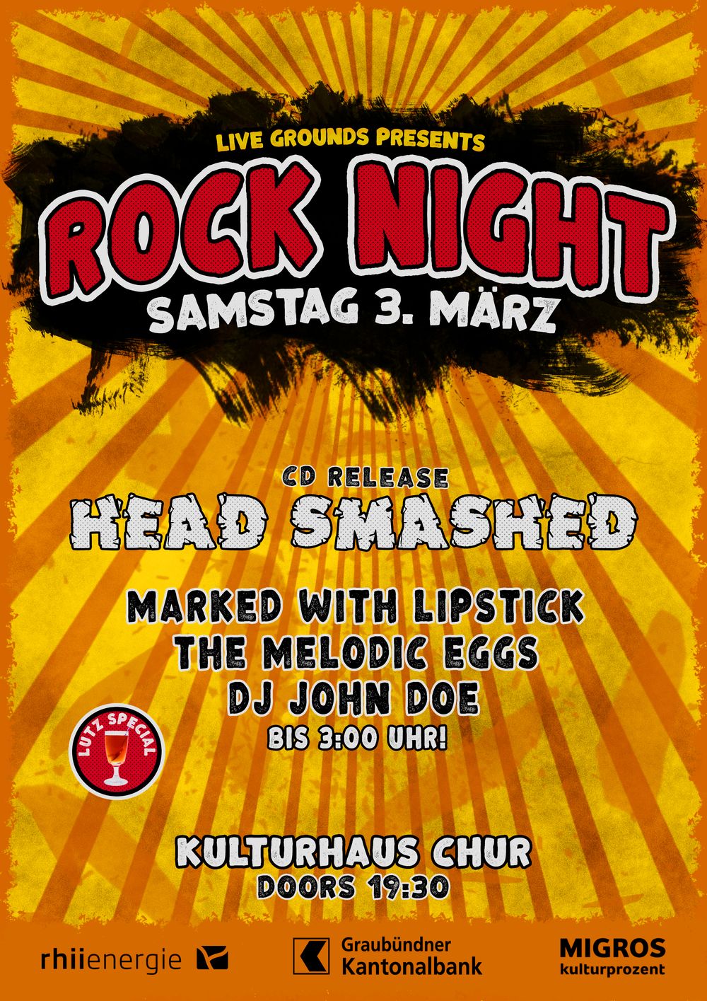 Flyer der Rock Night im Kulturhaus Chur mit Head Smashed, Marked With Lipstick, The Melodic Eggs und DJ John Doe
